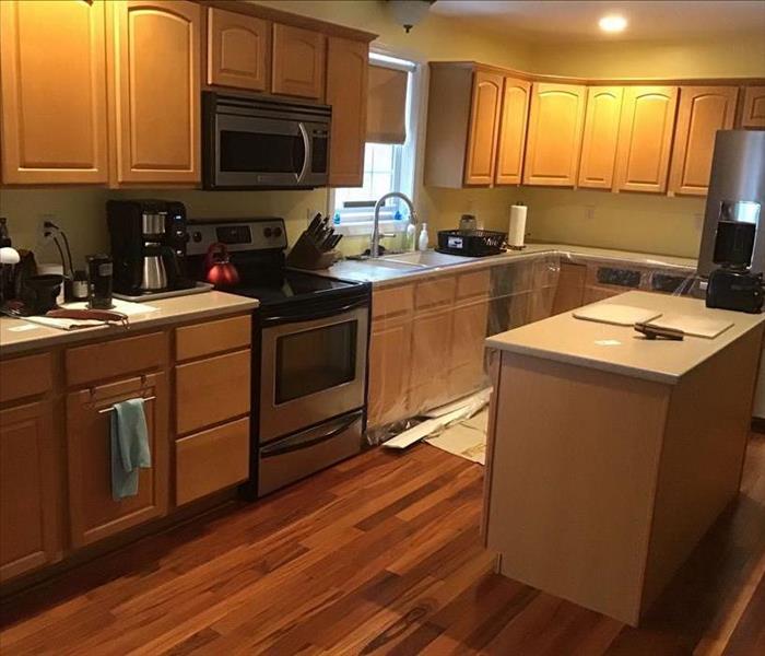 Kitchen lower cabinet affected by mold and covered with Polly